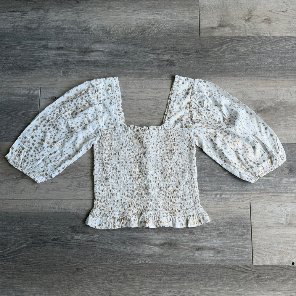 NWT Emily McCarthy White & Gold Star Smocked Puffy sleeve Blouse XS